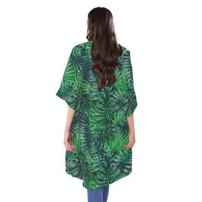 Watercolor Tropical Leaves Pattern Print Open Front Beach Cover Up