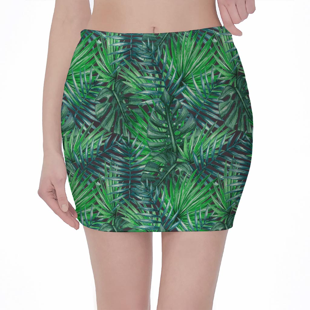 Watercolor Tropical Leaves Pattern Print Pencil Mini Skirt