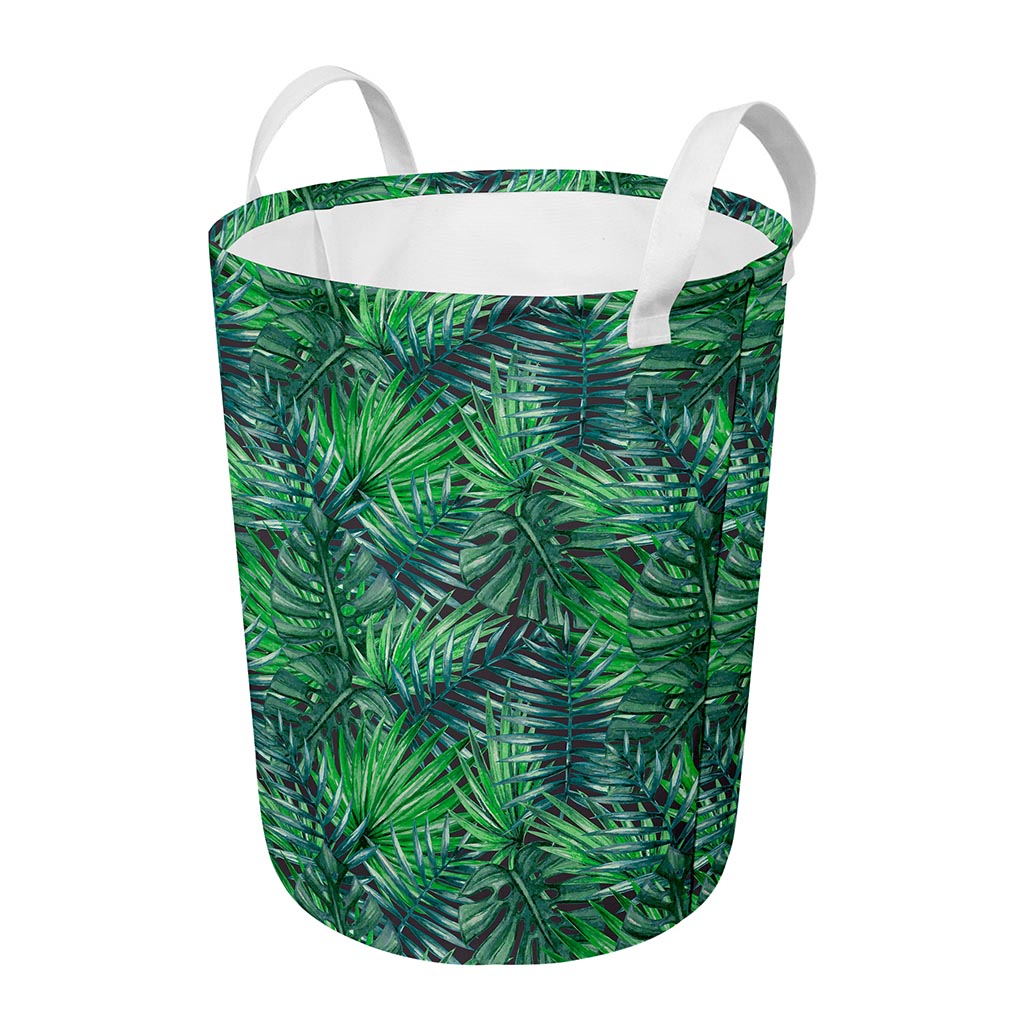 Watercolor Tropical Leaves Pattern Print Round Laundry Basket