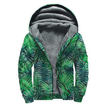 Watercolor Tropical Leaves Pattern Print Sherpa Lined Zip Up Hoodie