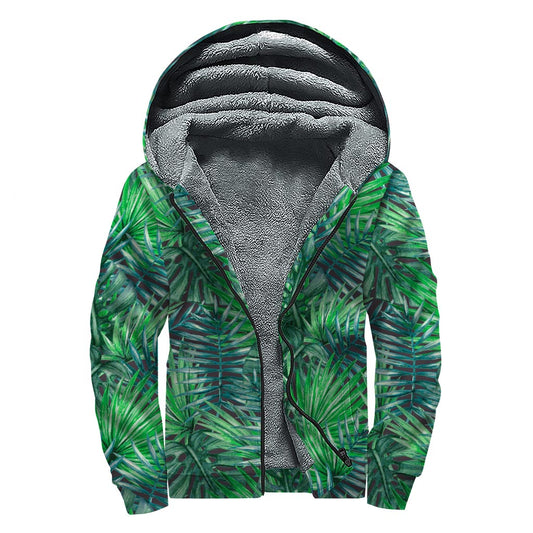 Watercolor Tropical Leaves Pattern Print Sherpa Lined Zip Up Hoodie