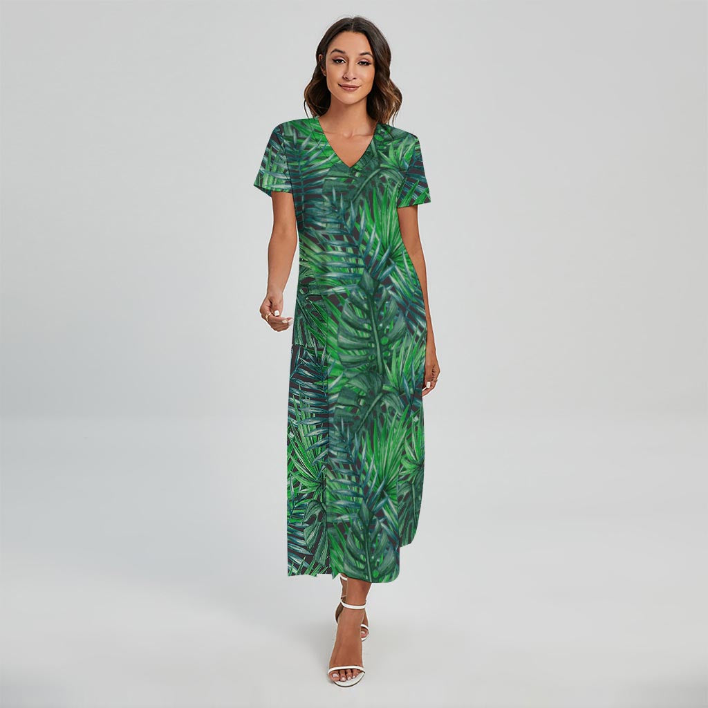 Watercolor Tropical Leaves Pattern Print Short Sleeve Maxi Dress