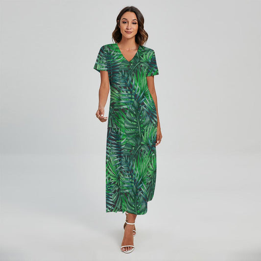 Watercolor Tropical Leaves Pattern Print Short Sleeve Maxi Dress
