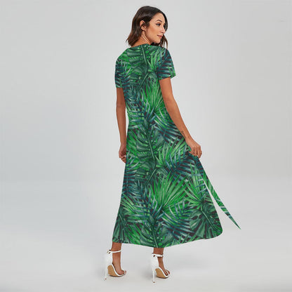Watercolor Tropical Leaves Pattern Print Short Sleeve Maxi Dress