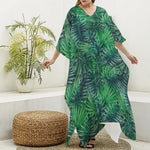 Watercolor Tropical Leaves Pattern Print Silk V-Neck Kaftan Dress