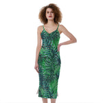 Watercolor Tropical Leaves Pattern Print Slim Fit Midi Cami Dress