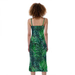 Watercolor Tropical Leaves Pattern Print Slim Fit Midi Cami Dress