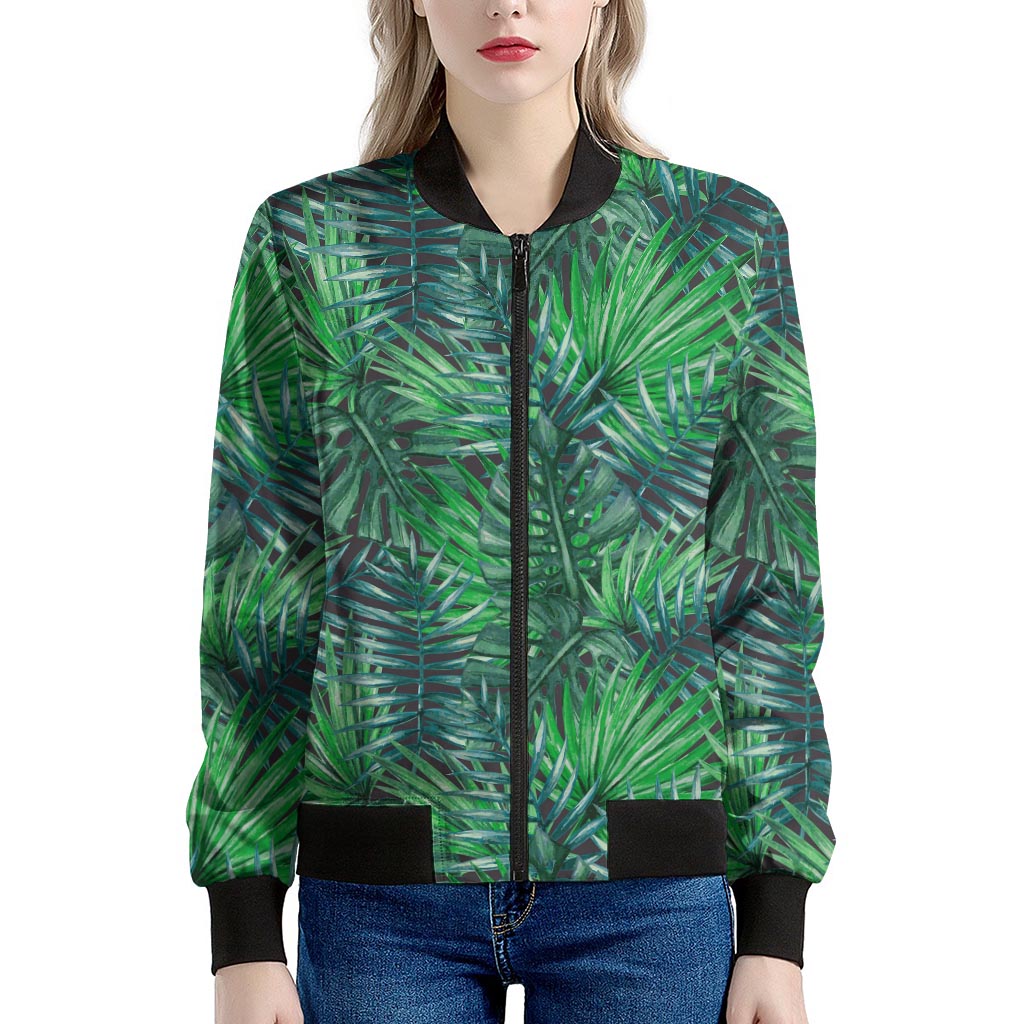 Watercolor Tropical Leaves Pattern Print Women's Bomber Jacket
