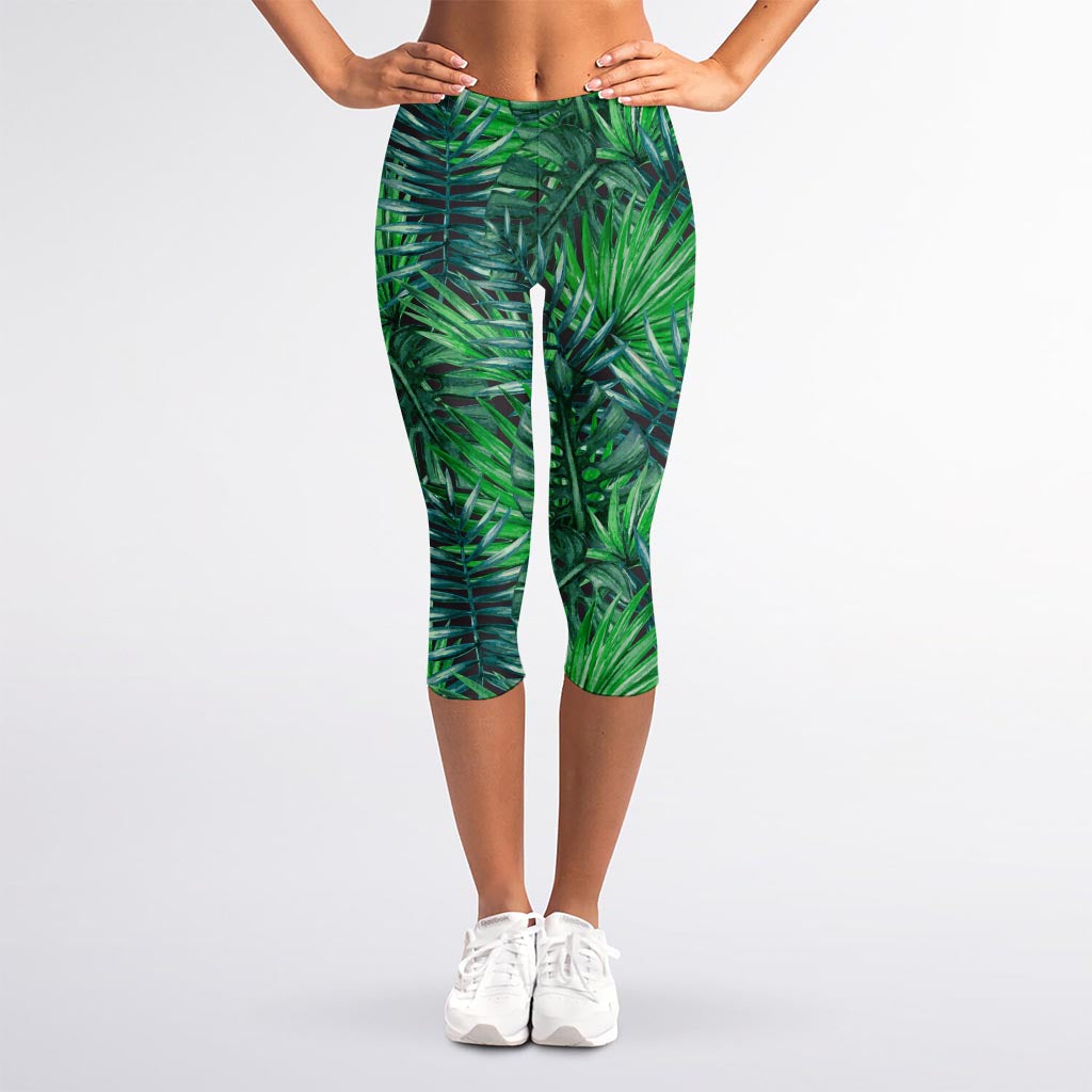 Watercolor Tropical Leaves Pattern Print Women's Capri Leggings