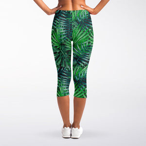 Watercolor Tropical Leaves Pattern Print Women's Capri Leggings