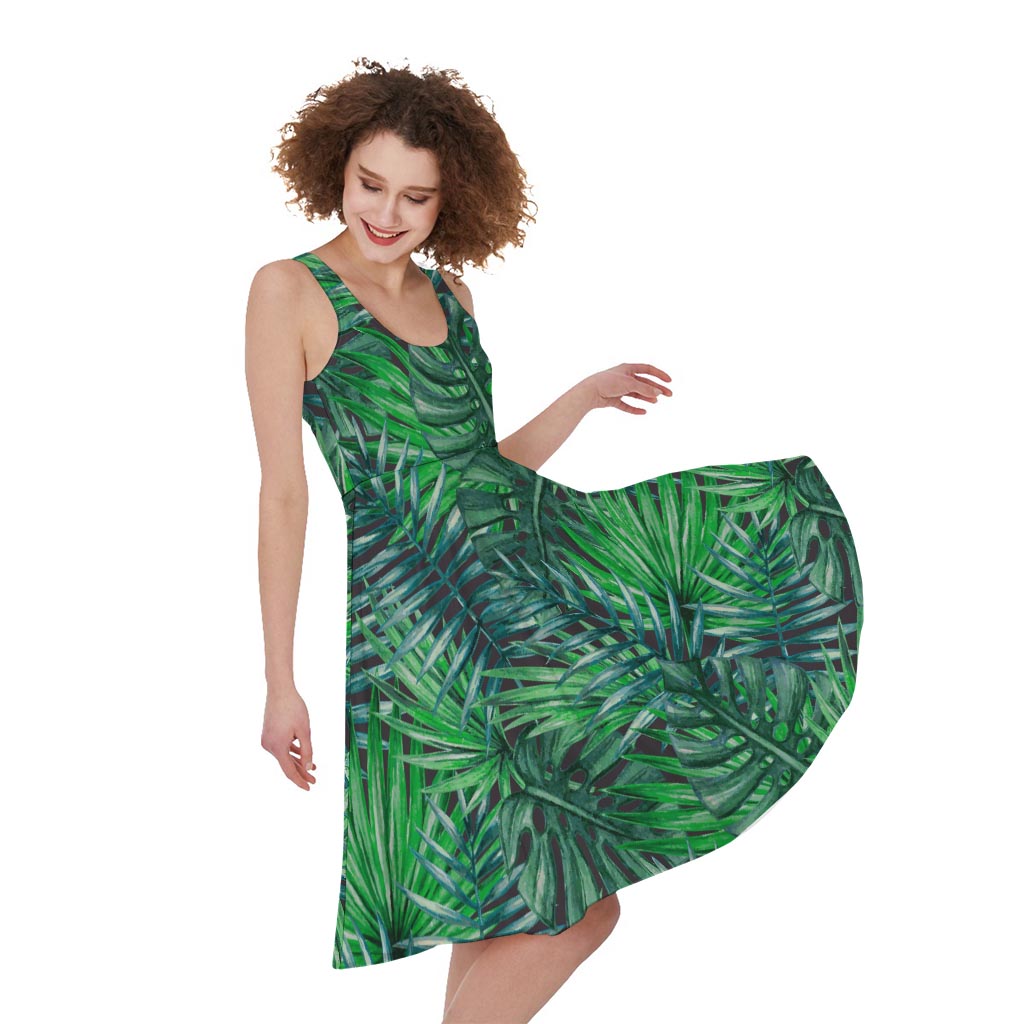 Watercolor Tropical Leaves Pattern Print Women's Sleeveless Dress