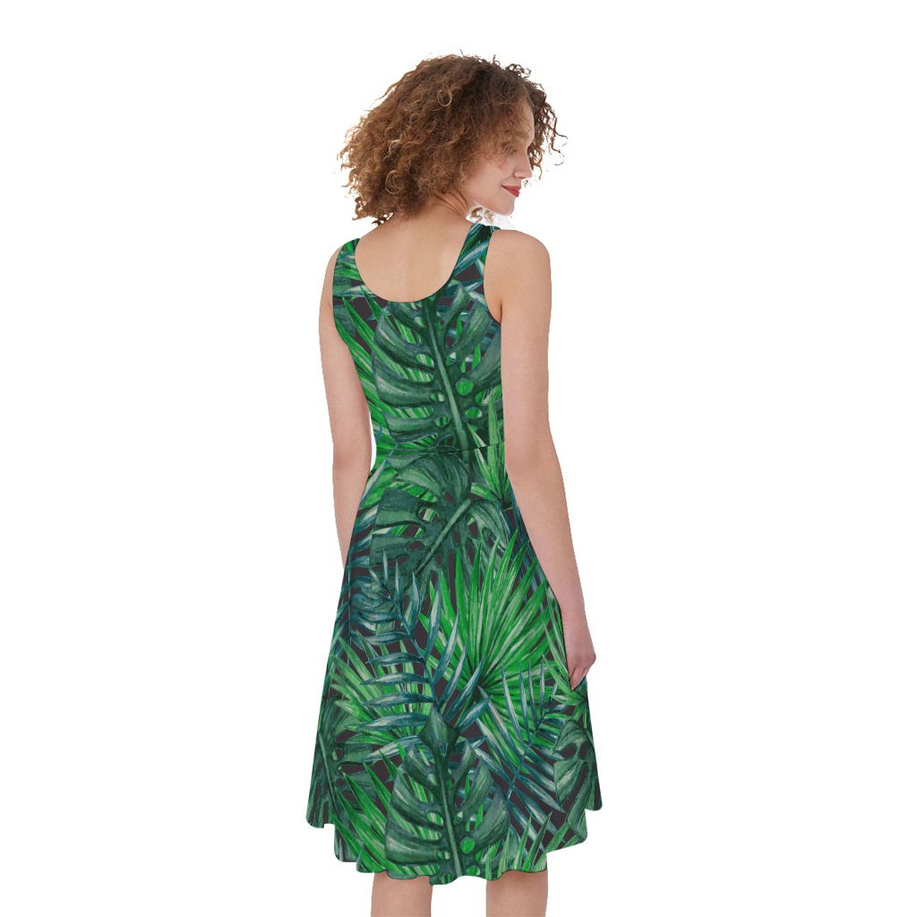 Watercolor Tropical Leaves Pattern Print Women's Sleeveless Dress