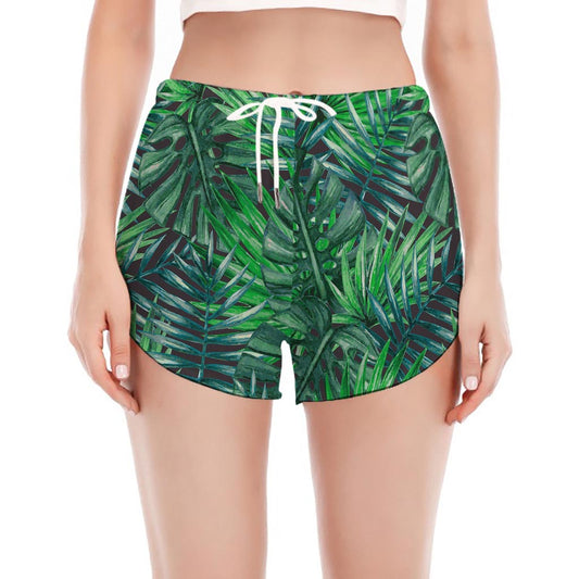 Watercolor Tropical Leaves Pattern Print Women's Split Running Shorts