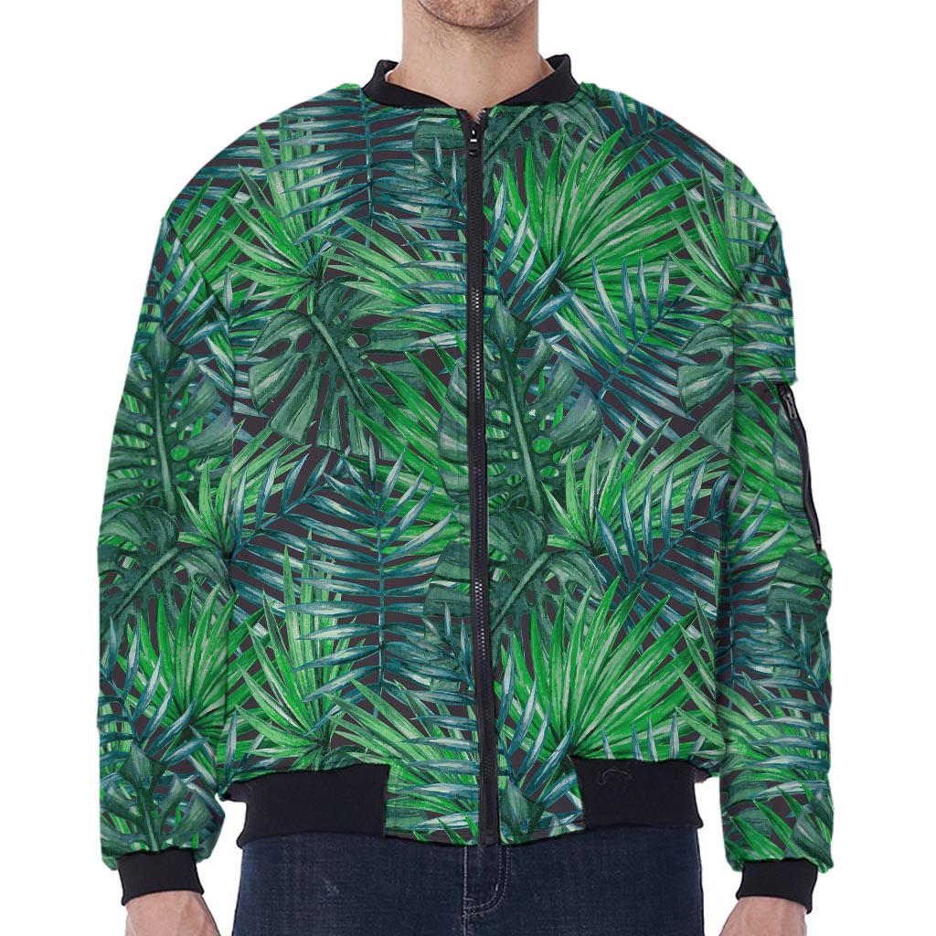 Watercolor Tropical Leaves Pattern Print Zip Sleeve Bomber Jacket