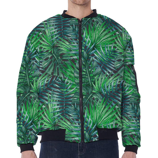 Watercolor Tropical Leaves Pattern Print Zip Sleeve Bomber Jacket