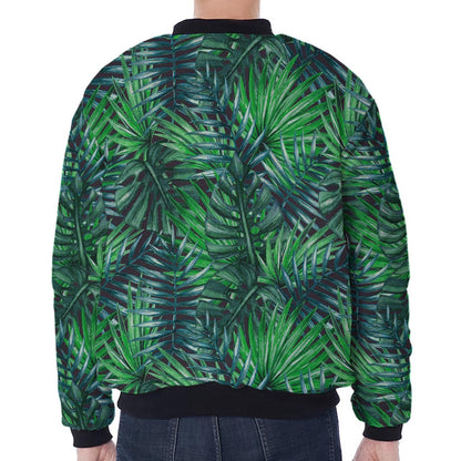 Watercolor Tropical Leaves Pattern Print Zip Sleeve Bomber Jacket