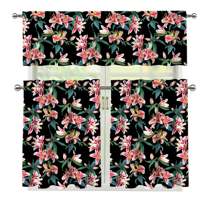 Watercolor Tropical Lily Pattern Print 3 Piece Kitchen Curtains