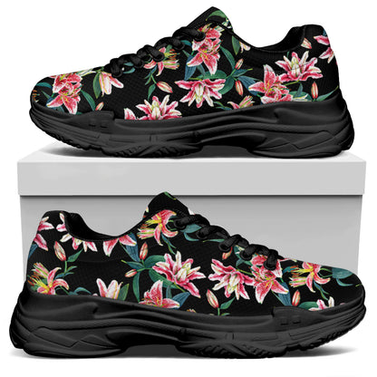 Watercolor Tropical Lily Pattern Print Black Chunky Shoes