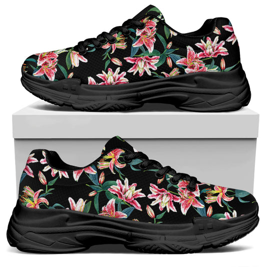 Watercolor Tropical Lily Pattern Print Black Chunky Shoes