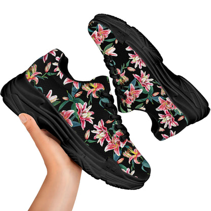 Watercolor Tropical Lily Pattern Print Black Chunky Shoes