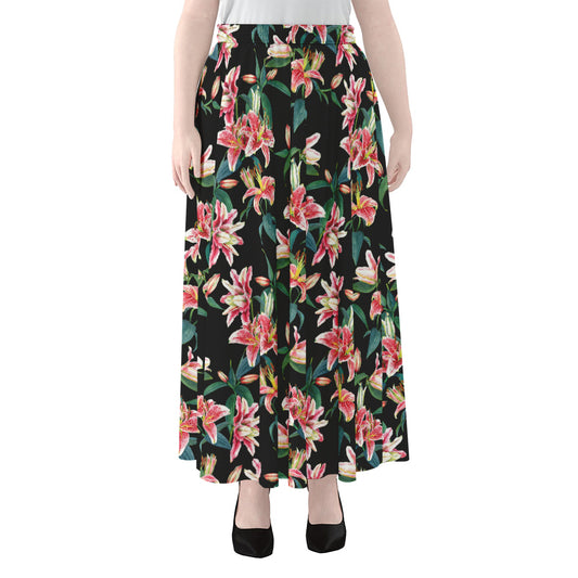 Watercolor Tropical Lily Pattern Print Chiffon Maxi Skirt