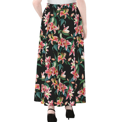 Watercolor Tropical Lily Pattern Print Chiffon Maxi Skirt