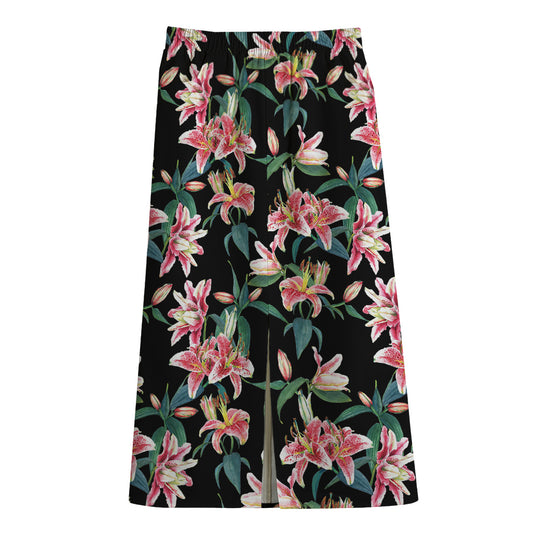 Watercolor Tropical Lily Pattern Print Cotton Front Slit Maxi Skirt