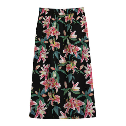 Watercolor Tropical Lily Pattern Print Cotton Front Slit Maxi Skirt