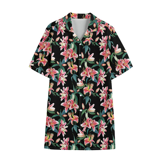 Watercolor Tropical Lily Pattern Print Cotton Hawaiian Shirt
