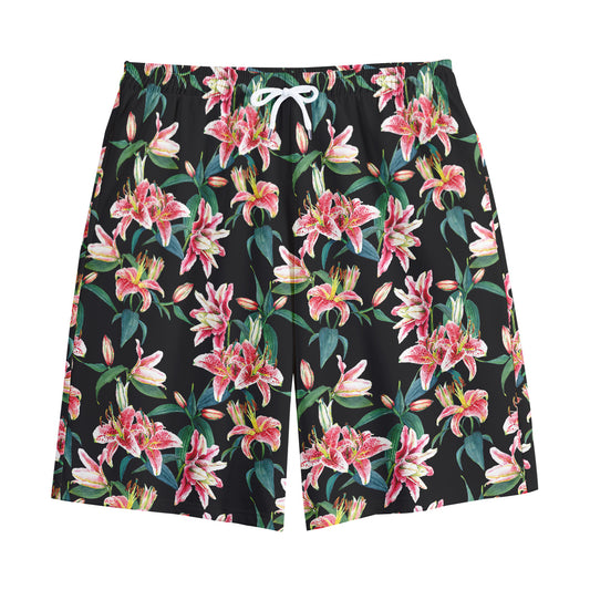 Watercolor Tropical Lily Pattern Print Cotton Shorts