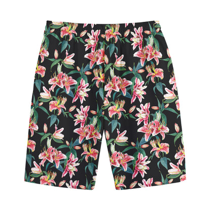 Watercolor Tropical Lily Pattern Print Cotton Shorts