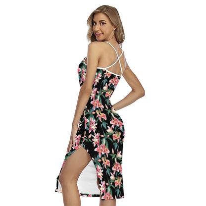 Watercolor Tropical Lily Pattern Print Cross Back Cami Dress