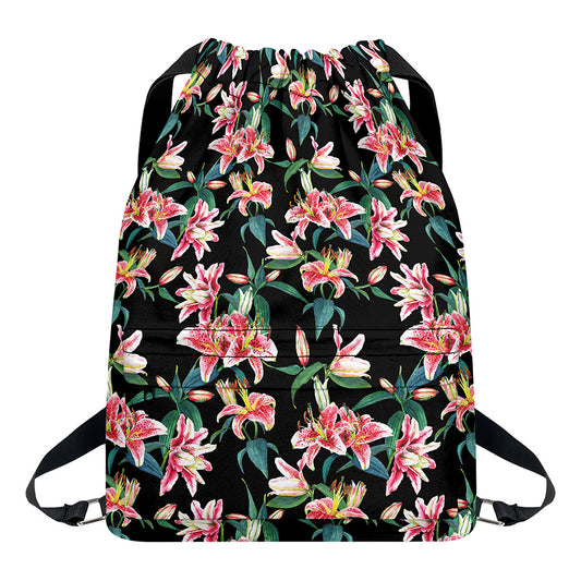 Watercolor Tropical Lily Pattern Print Drawstring Backpack