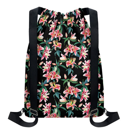 Watercolor Tropical Lily Pattern Print Drawstring Backpack