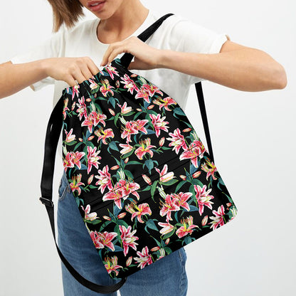 Watercolor Tropical Lily Pattern Print Drawstring Backpack