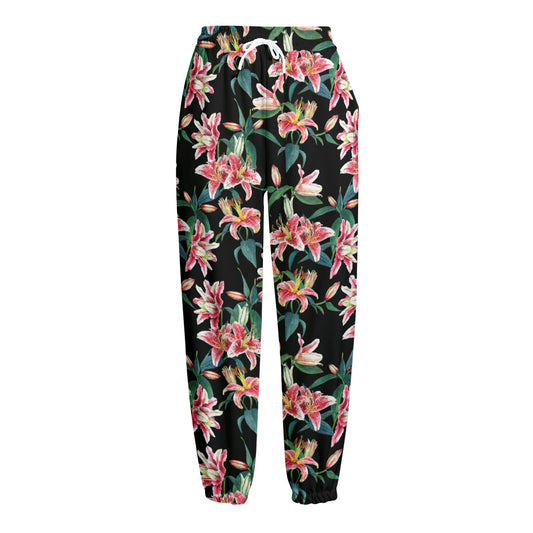 Watercolor Tropical Lily Pattern Print Fleece Lined Knit Pants