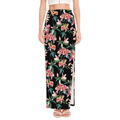 Watercolor Tropical Lily Pattern Print High Slit Maxi Skirt