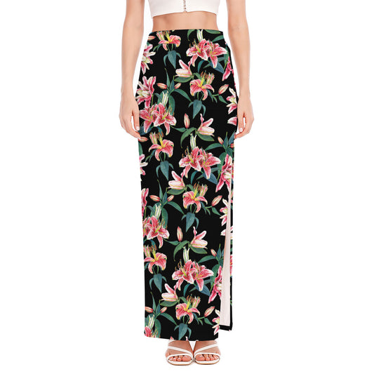 Watercolor Tropical Lily Pattern Print High Slit Maxi Skirt