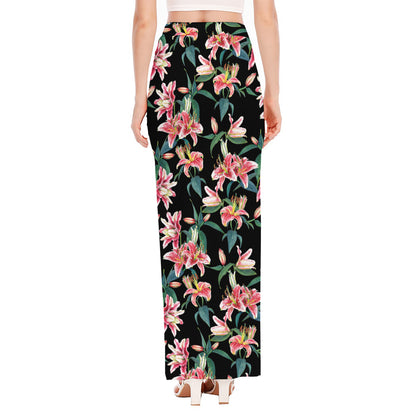 Watercolor Tropical Lily Pattern Print High Slit Maxi Skirt