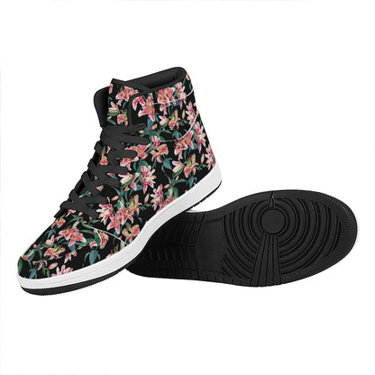 Watercolor Tropical Lily Pattern Print High Top Leather Sneakers