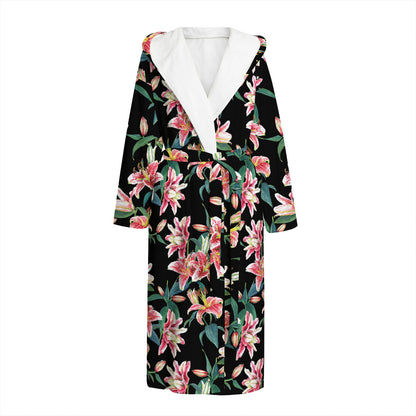 Watercolor Tropical Lily Pattern Print Hooded Bathrobe