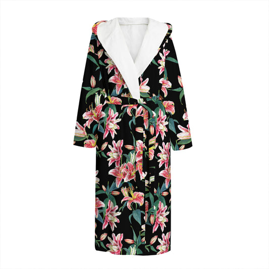 Watercolor Tropical Lily Pattern Print Hooded Bathrobe