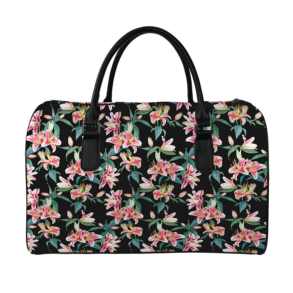 Watercolor Tropical Lily Pattern Print Leather Duffle Bag