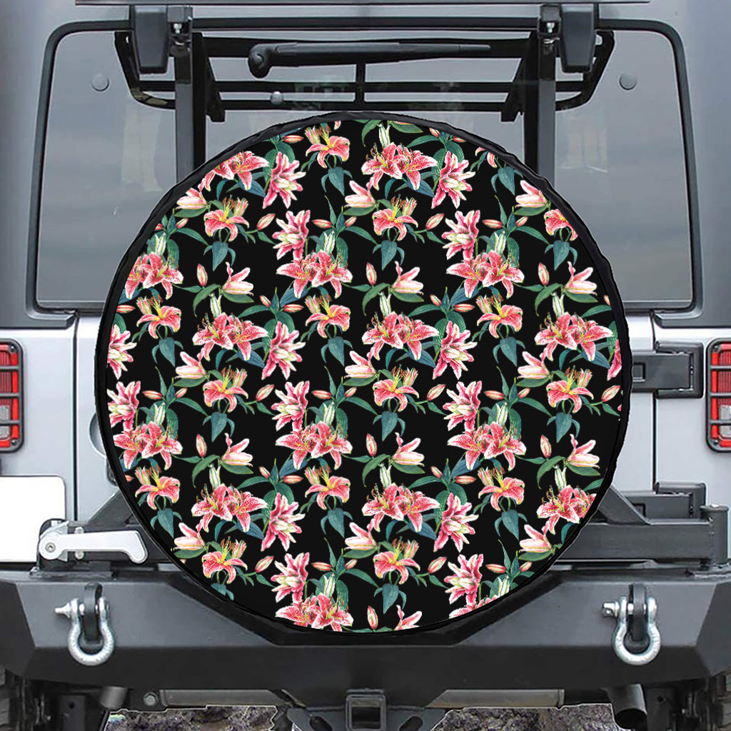 Watercolor Tropical Lily Pattern Print Leather Spare Tire Cover