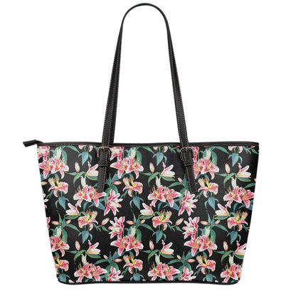 Watercolor Tropical Lily Pattern Print Leather Tote Bag