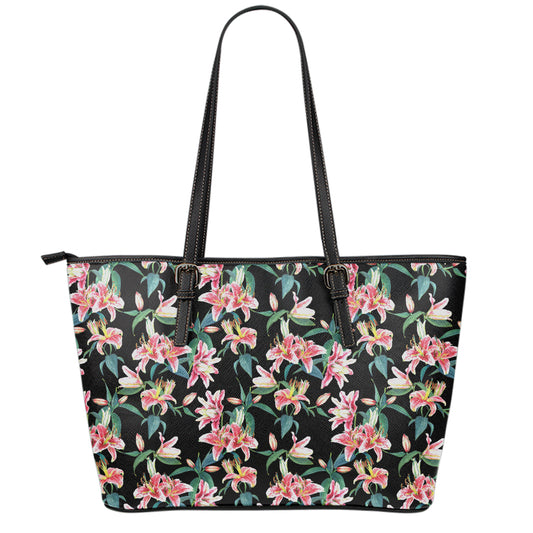 Watercolor Tropical Lily Pattern Print Leather Tote Bag