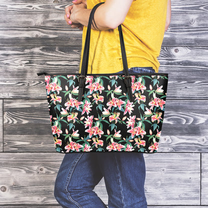 Watercolor Tropical Lily Pattern Print Leather Tote Bag