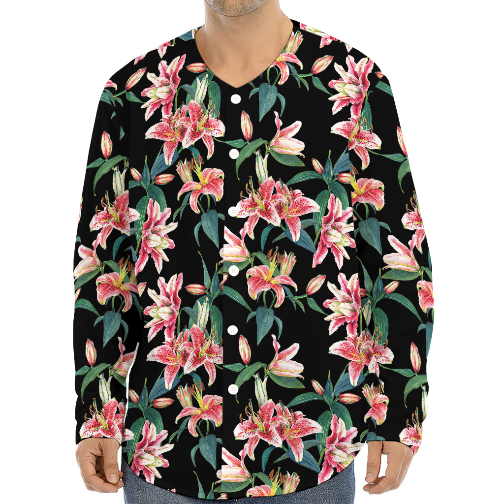 Watercolor Tropical Lily Pattern Print Long Sleeve Baseball Jersey