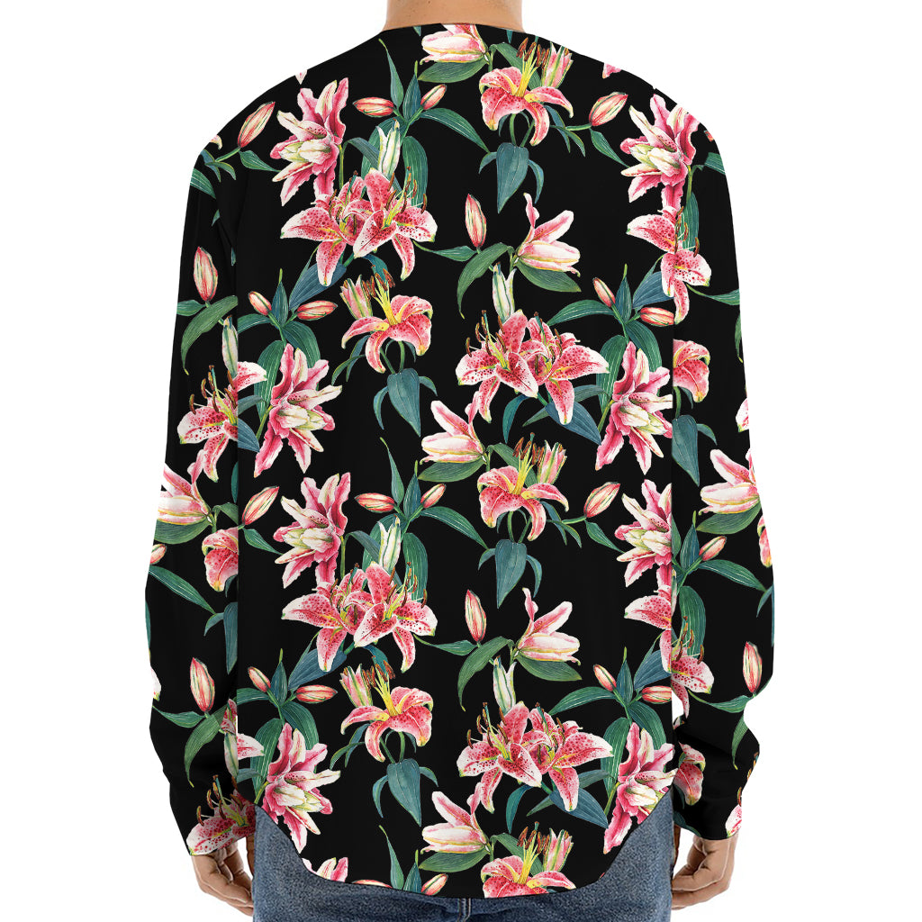 Watercolor Tropical Lily Pattern Print Long Sleeve Baseball Jersey