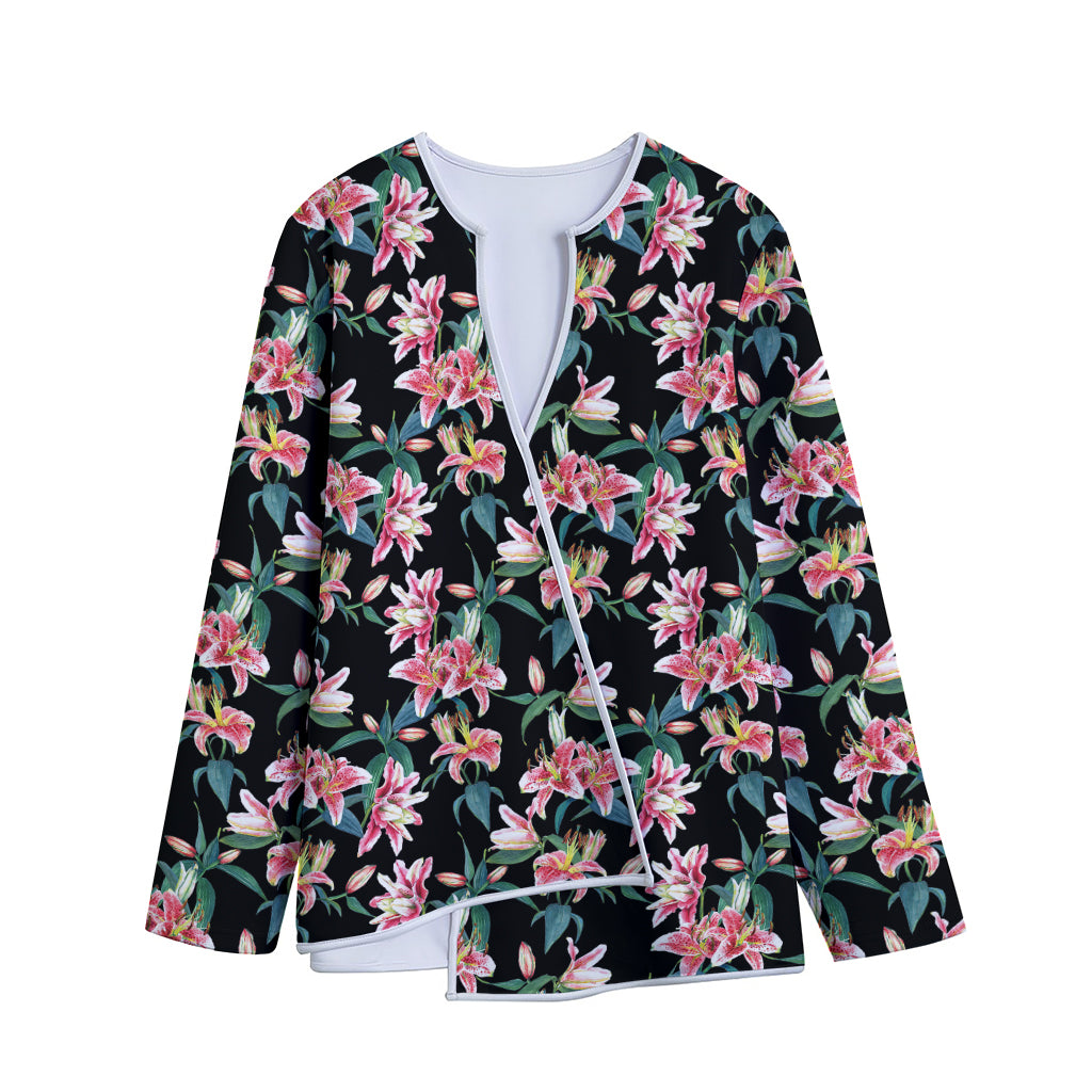 Watercolor Tropical Lily Pattern Print Long Sleeve Short Coat
